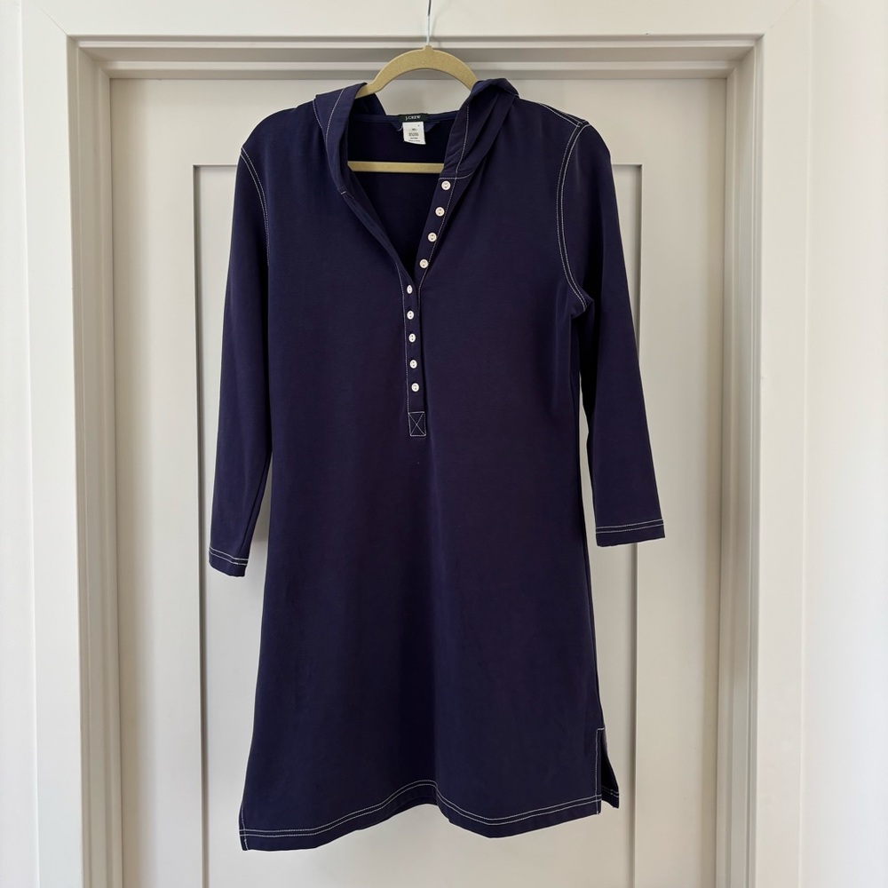J Crew Beach Cover Up Hooded Tunic Dress Navy Blue M